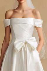 Off The Shoulder White A-Line Wedding Dress With Bow