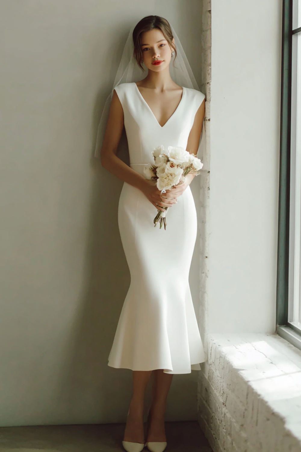 White Mermaid Satin V-Neck Midi Rehearsal Dinner Dress