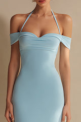 Sky Blue Sheath Cold Shoulder Maxi Evening Dress