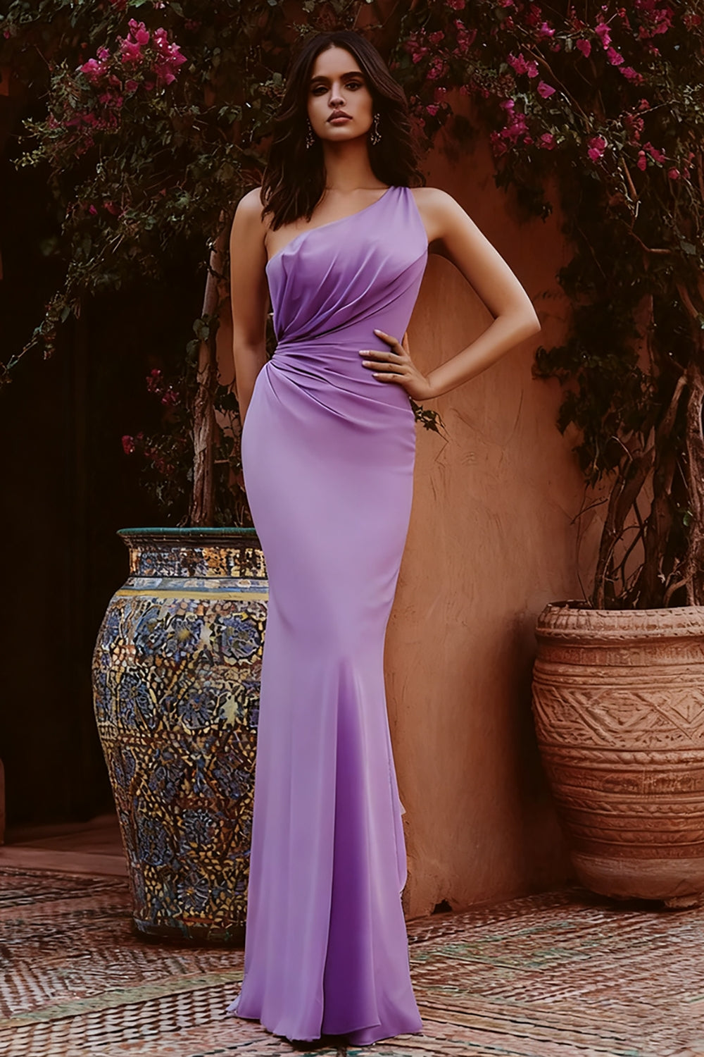 One Shoulder Sheath Tahiti Ruched Maxi Evening Dress