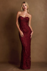 Burgundy Strapless Lace Sheath Maxi Evening Dress