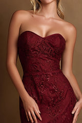 Burgundy Strapless Lace Sheath Maxi Evening Dress