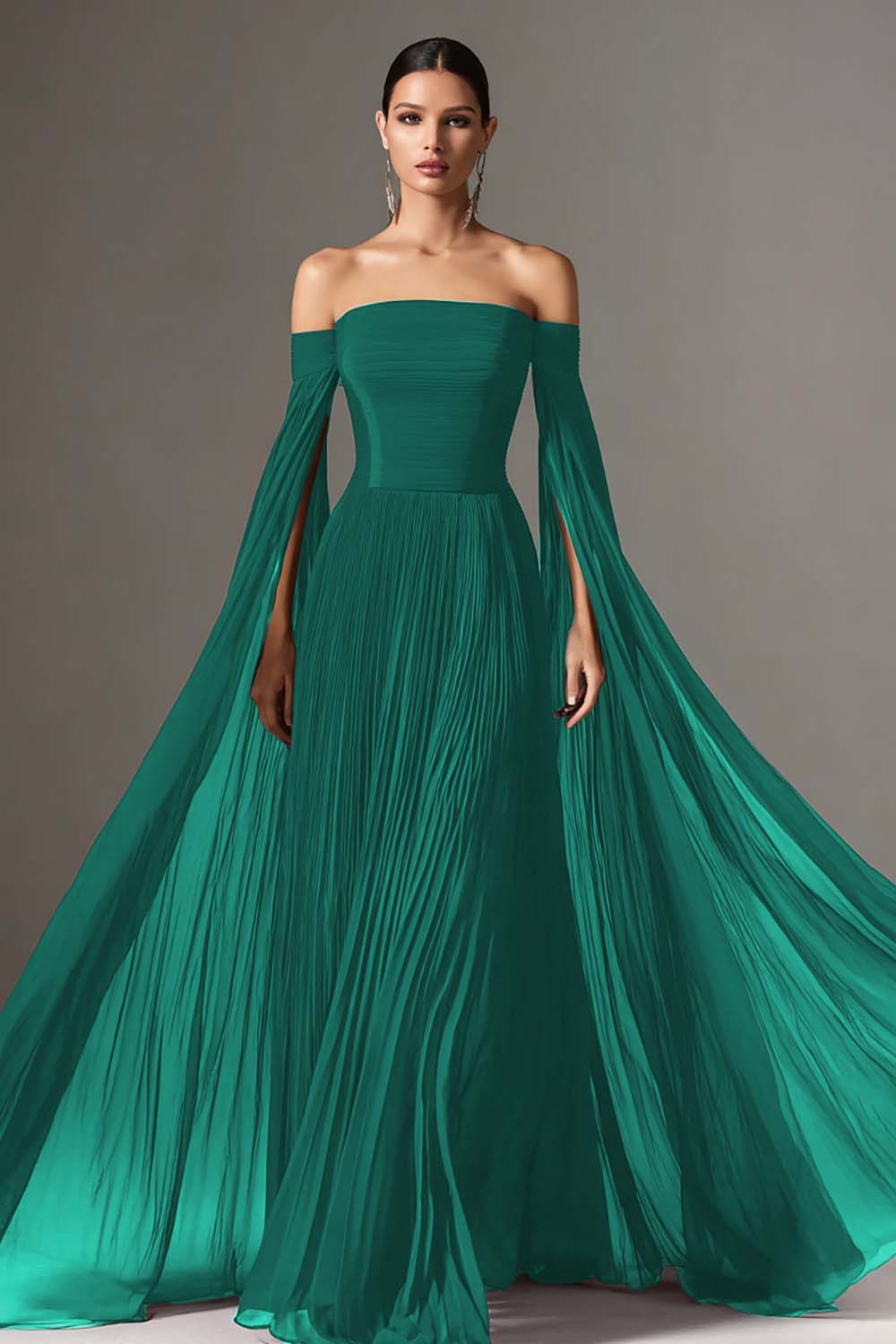 Off The Shoulder Burgundy Pleated A-Line Maxi Evening Dress With Cape