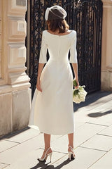 Ivory Satin A-Line Bateau Neck Midi Wedding Dress