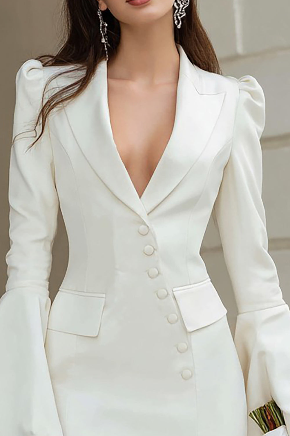 Bodycon Ivory Peak Lapel Mini Bridal Shower Dress with Flare Sleeves