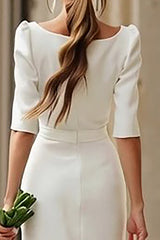 Ivory Satin Sheath Bateau Neck Midi Engagement Dress