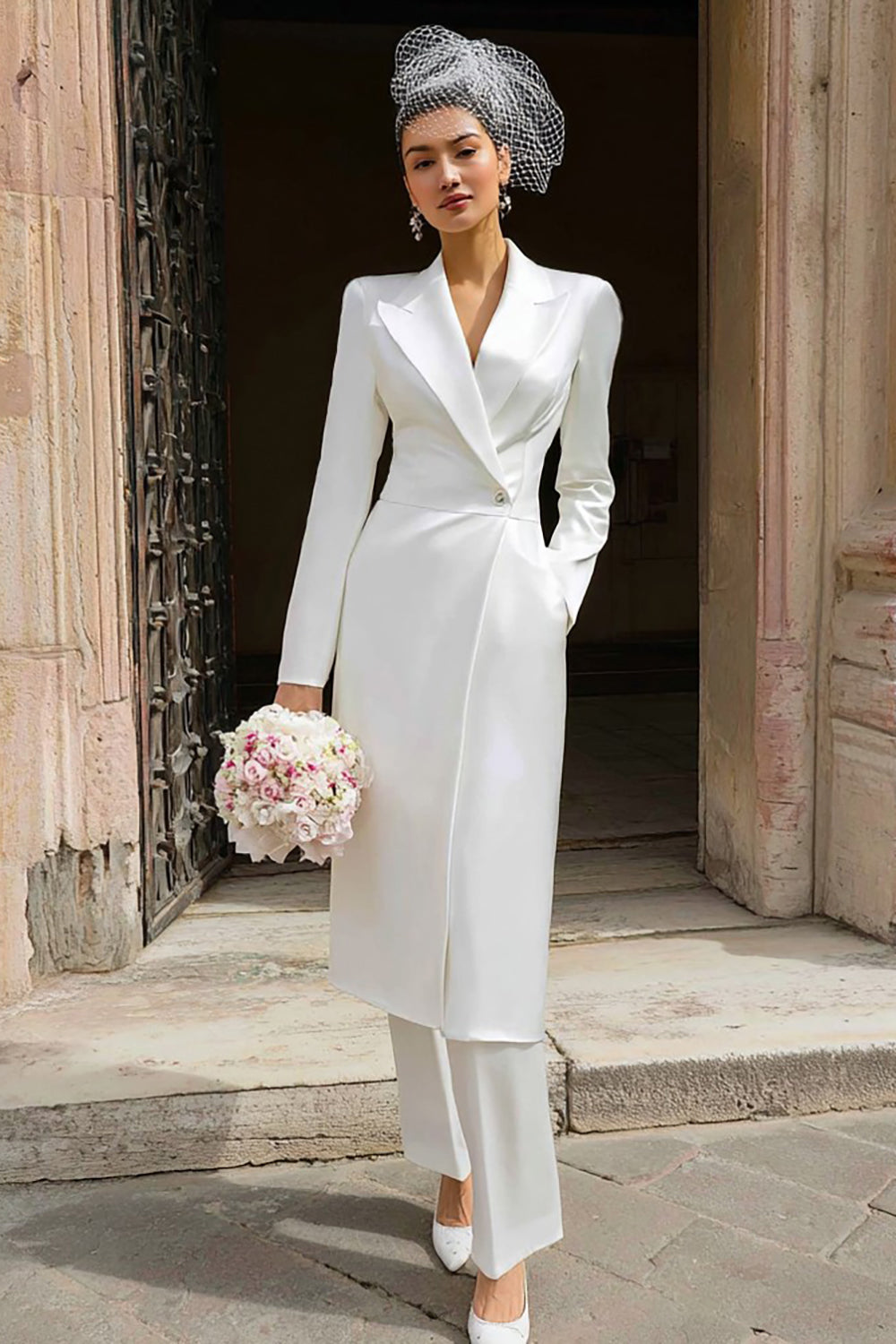Ivory Peak Lapel 2 Piece Long Blazer Wedding Pant Suits