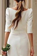 Sheath Ivory Bateau Neck Midi Engagement Dress With Half Sleeves