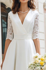 Ivory A-Line V-Neck Midi Wedding Dress With Lace Half Sleeves