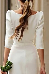 Sheath Ivory Square Neck Midi Engagement Dress with Slit