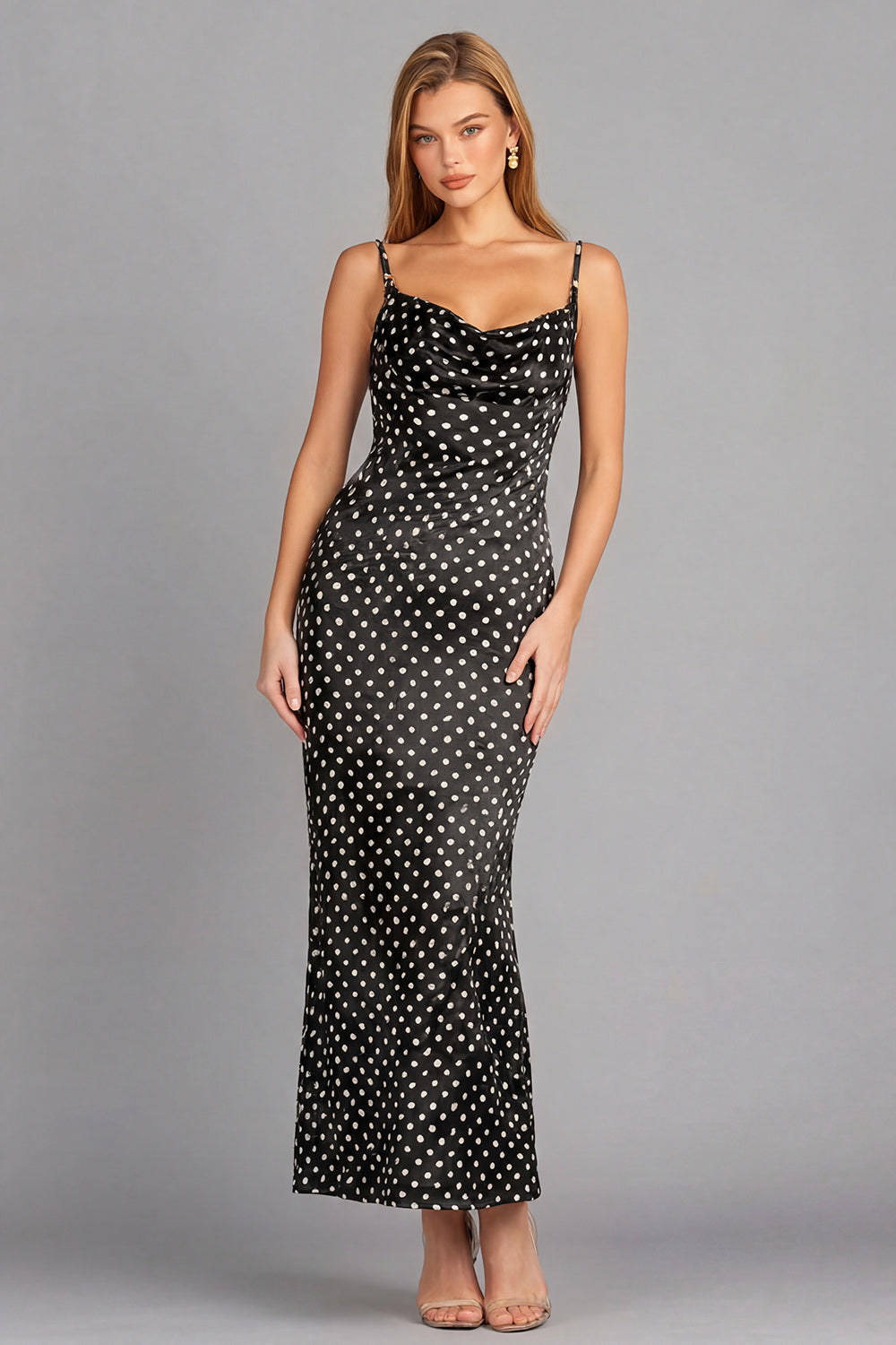 White Black Polka Dot Maxi Wedding Guest Dress