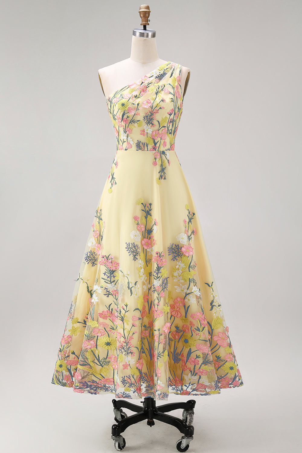 Floral Yellow One Shoulder A Line Midi Wedding Guest Dress