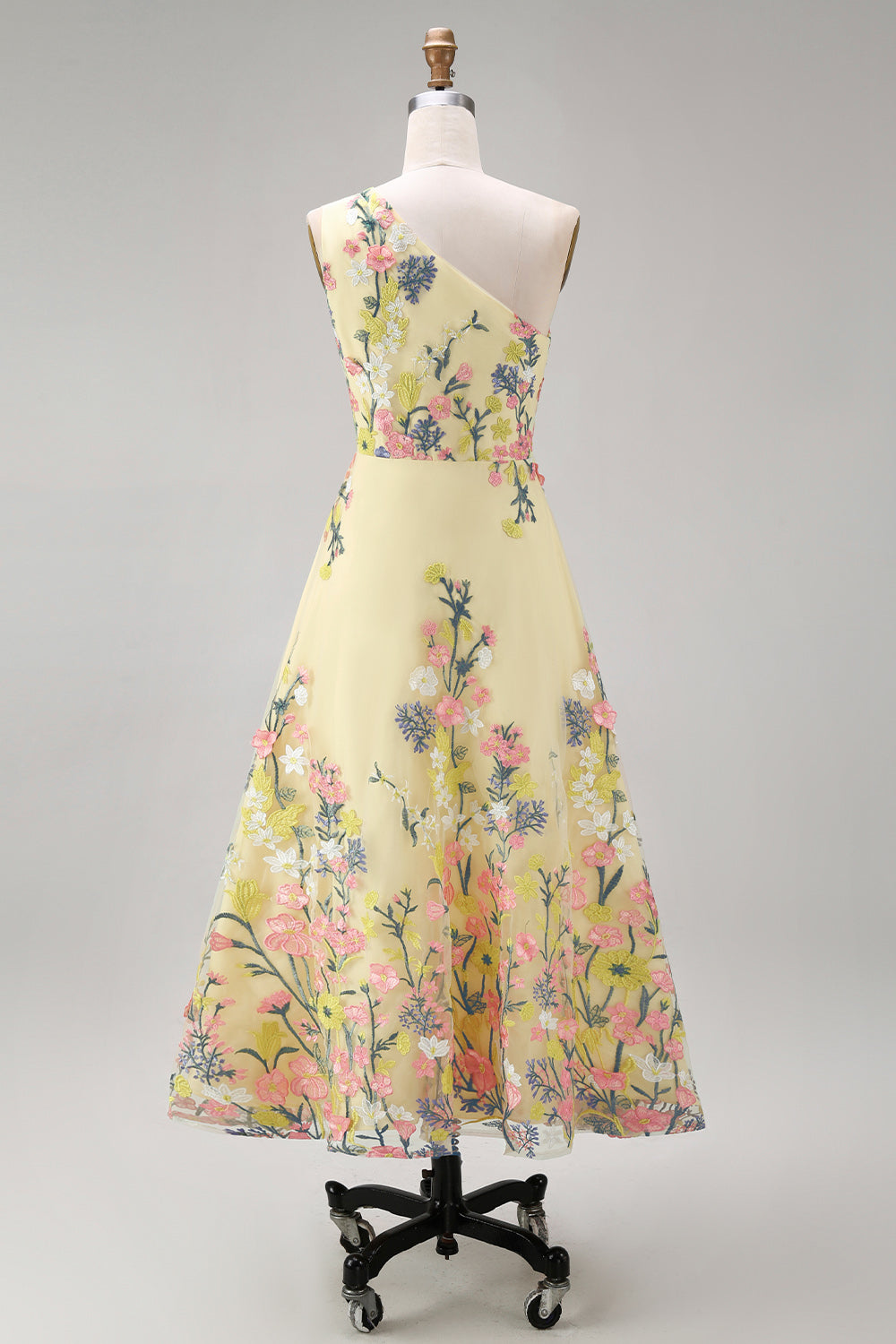 Floral Yellow One Shoulder A Line Midi Wedding Guest Dress