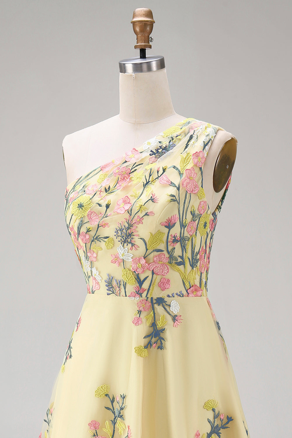 Floral Yellow One Shoulder A Line Midi Wedding Guest Dress