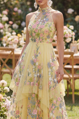Halter Floral Yellow A Line Ruffled Wedding Guest Dress