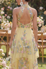 Halter Floral Yellow A Line Ruffled Wedding Guest Dress