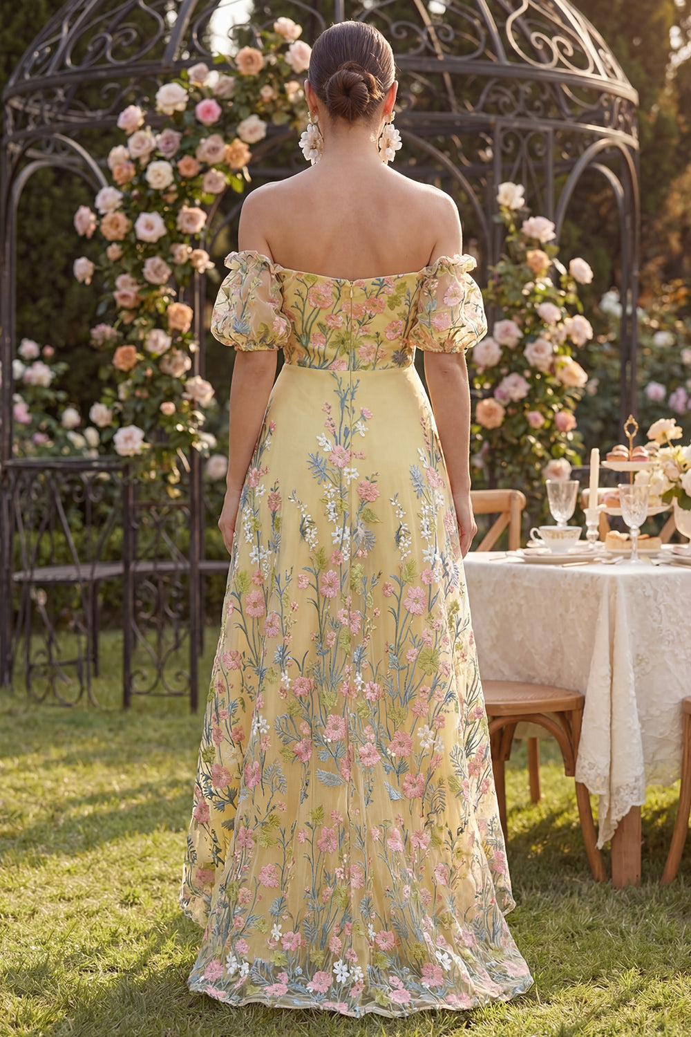 Off the Shoulder Floral Yellow High Low Wedding Guest Dress