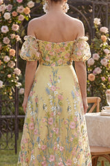 Off the Shoulder Floral Yellow High Low Wedding Guest Dress