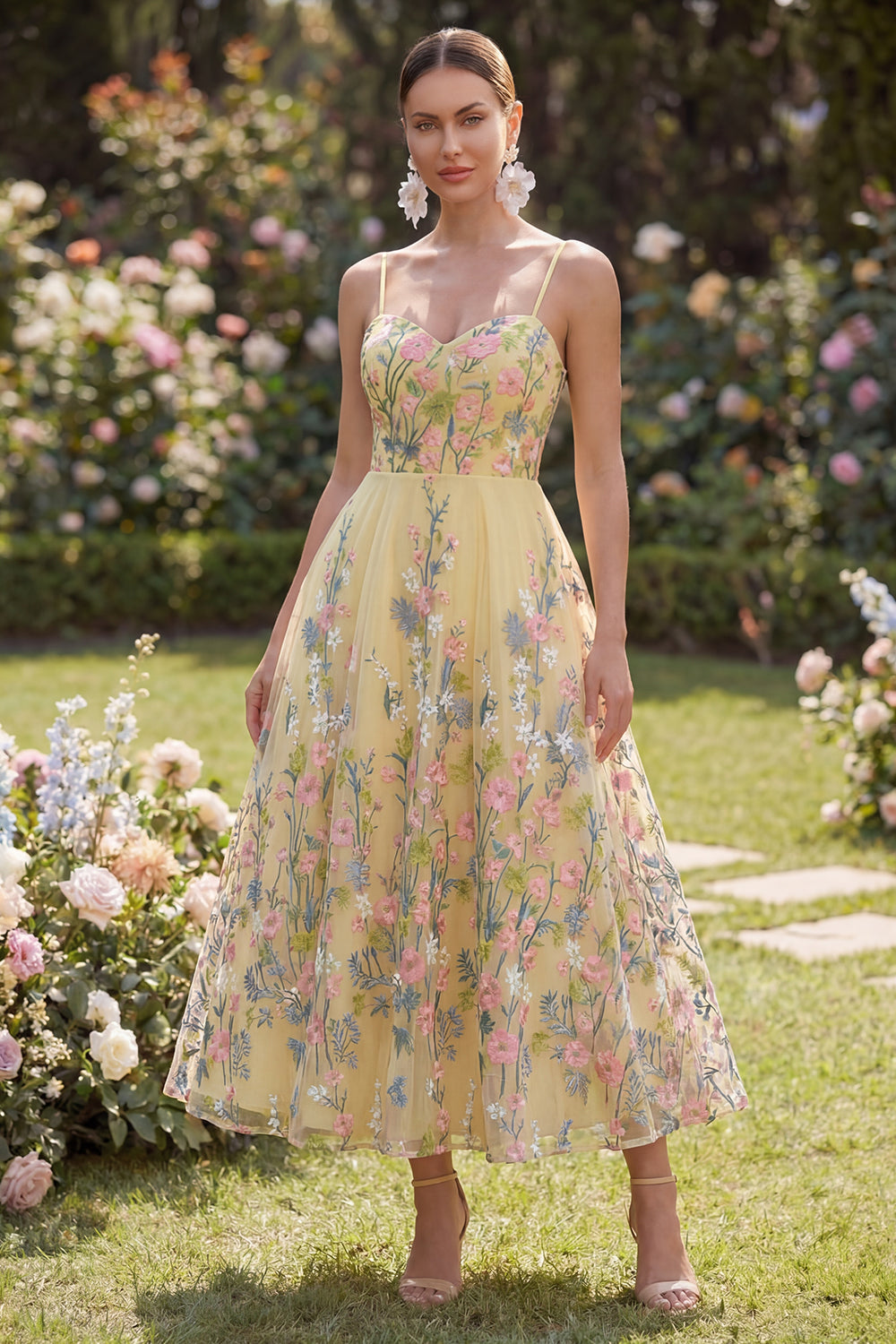 Floral Yellow A Line Embroidered Midi Wedding Guest Dress