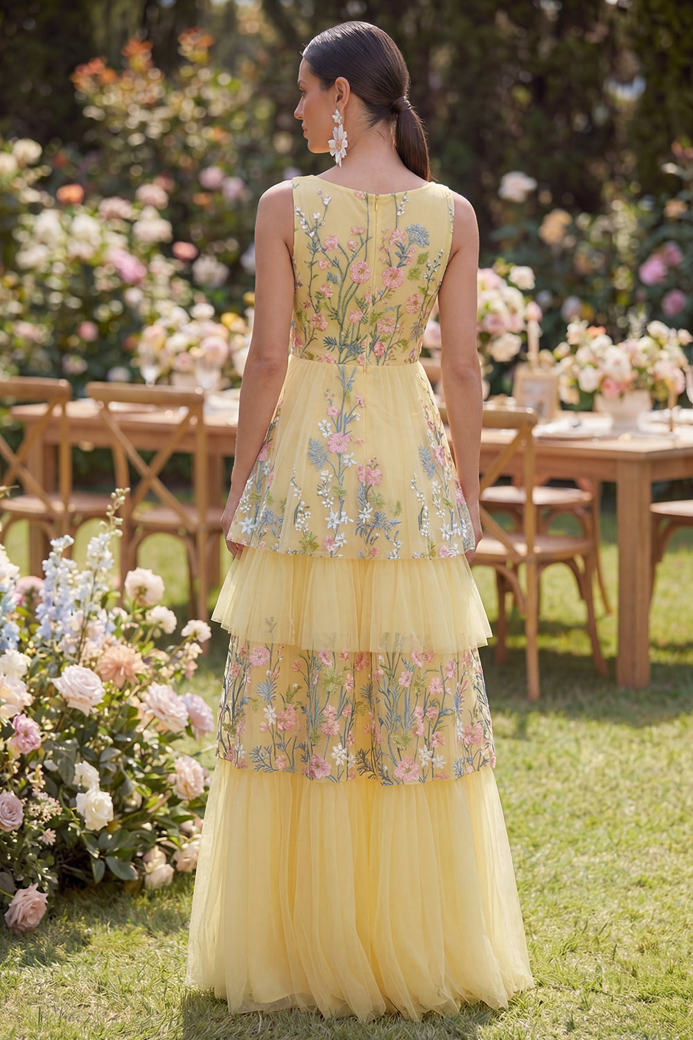 Floral Yellow Tulle Tiered V Neck Embroidered Wedding Guest Dress