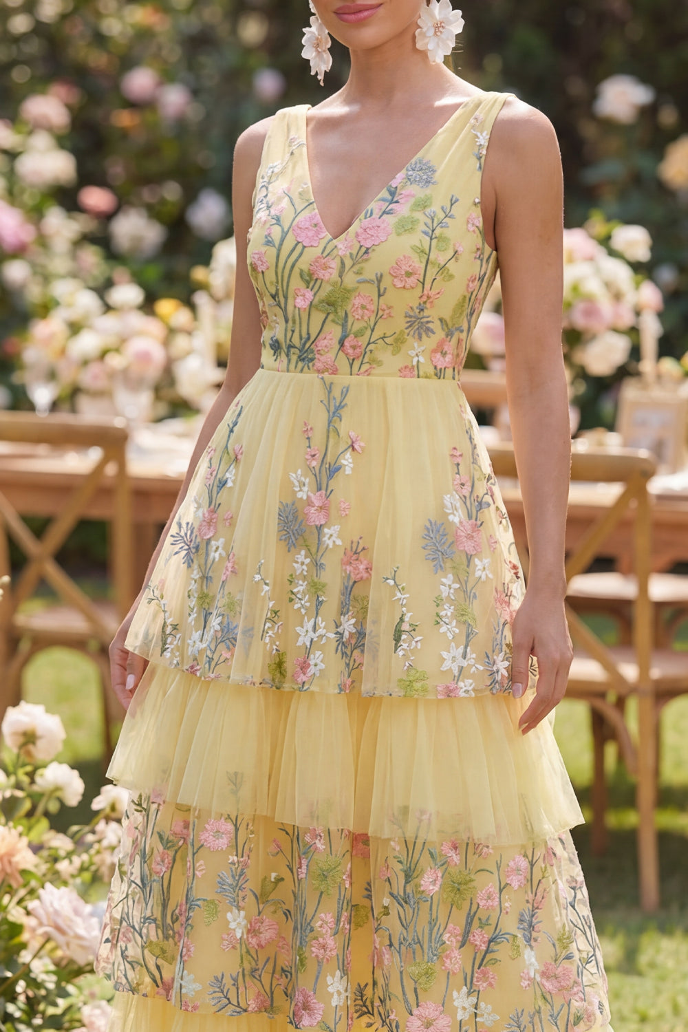 Floral Yellow Tulle Tiered V Neck Embroidered Wedding Guest Dress