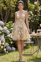 Floral A Line Champagne Corset Mini Wedding Guest Dress
