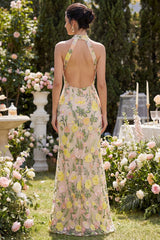 Halter Mermaid Floral Champagne Maxi Wedding Guest Dress