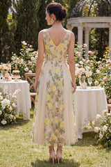 Embroidered A Line V Neck Floral Champagne Wedding Guest Dress
