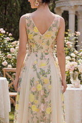 Embroidered A Line V Neck Floral Champagne Wedding Guest Dress