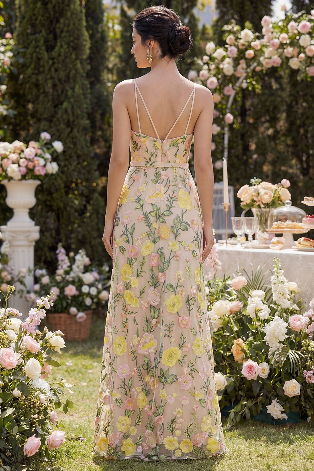 Embroidered Champagne Floral A Line Wedding Guest Dress with Belt