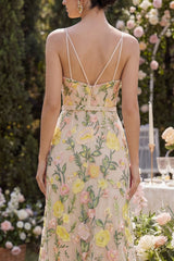 Embroidered Champagne Floral A Line Wedding Guest Dress with Belt