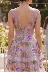 Tiered Lilac Embroidered Floral Mini Wedding Guest Dress
