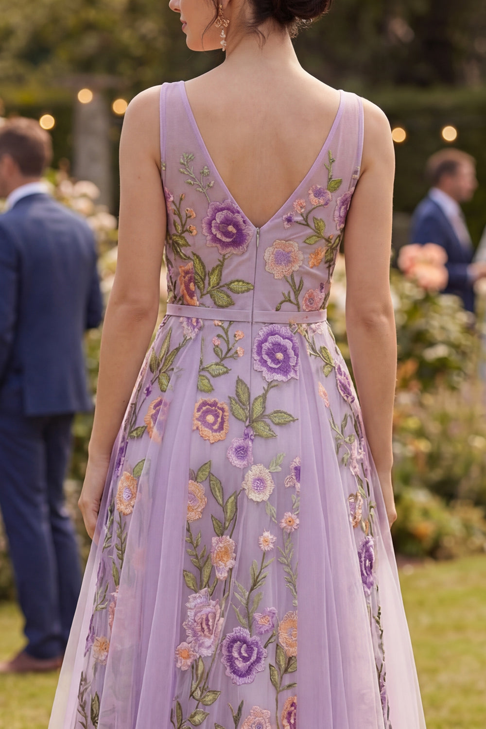 Embroidered Floral Lilac A Line V Neck Wedding Guest Dress