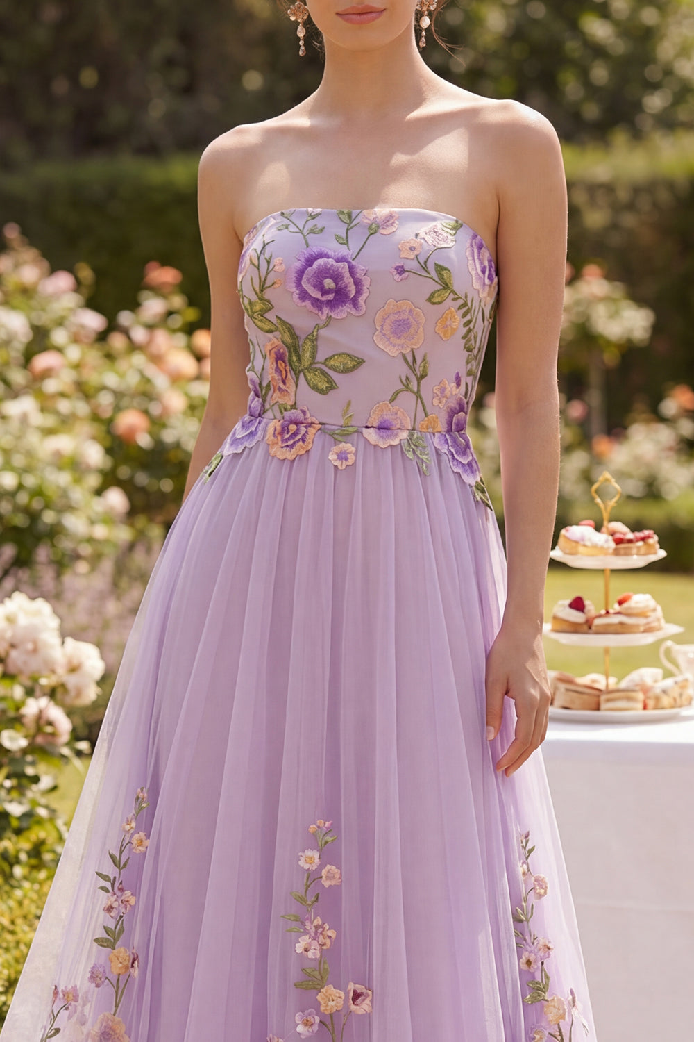 Strapless Floral Lilac A Line Embroidered Maxi Wedding Guest Dress