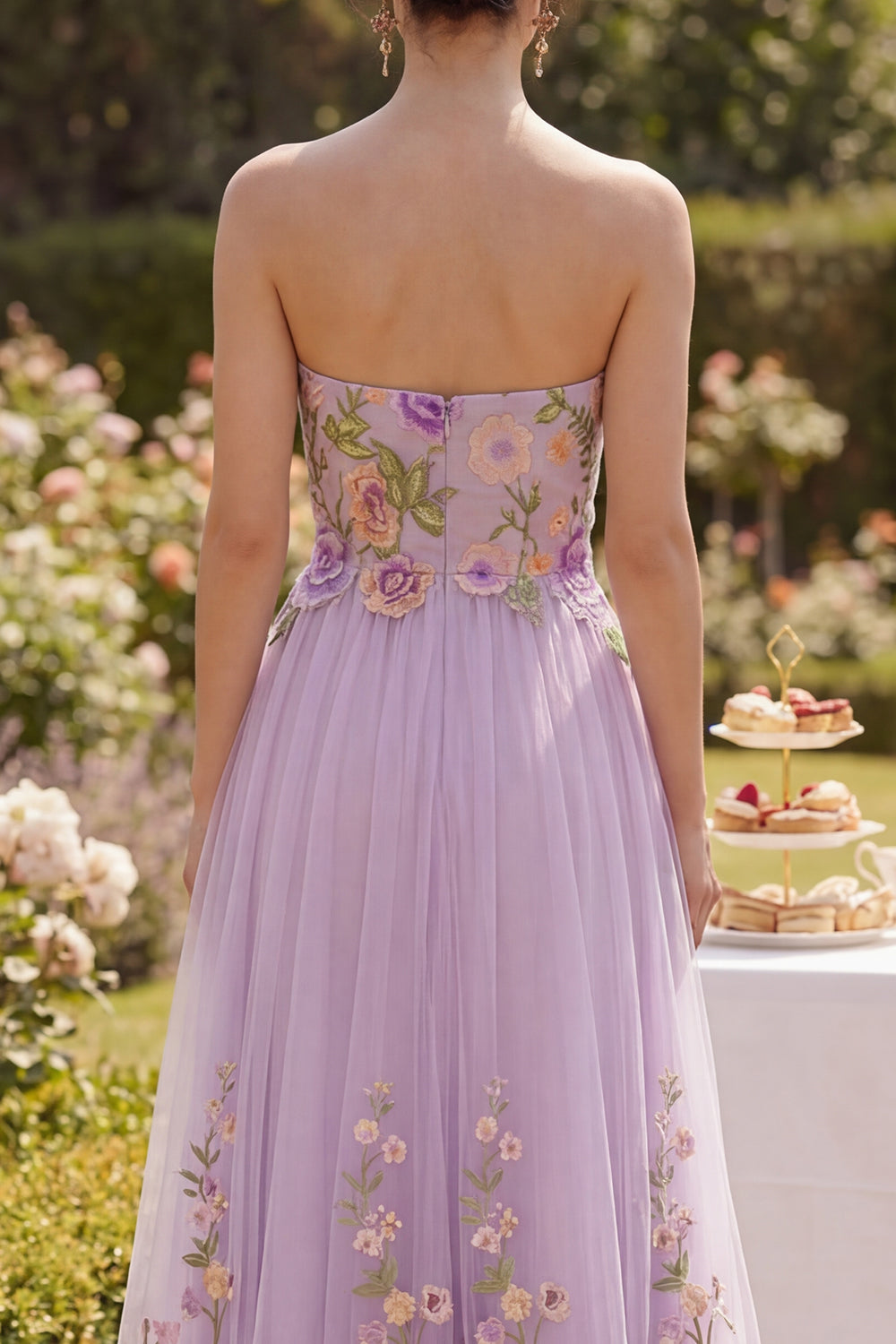 Strapless Floral Lilac A Line Embroidered Maxi Wedding Guest Dress