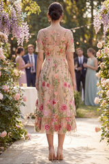 Floral Blush A Line Embroidered Midi Wedding Guest Dress
