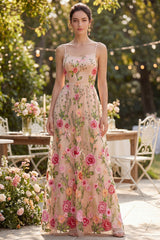 Blush Floral A Line Embroidered Maxi Wedding Guest Dress