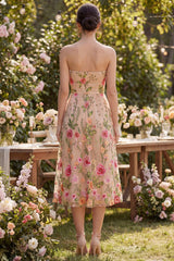 Strapless A Line Blush Floral Midi Wedding Guest Dress