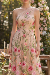 One Shoulder A Line Blush Floral Embroidered Wedding Guest Dress