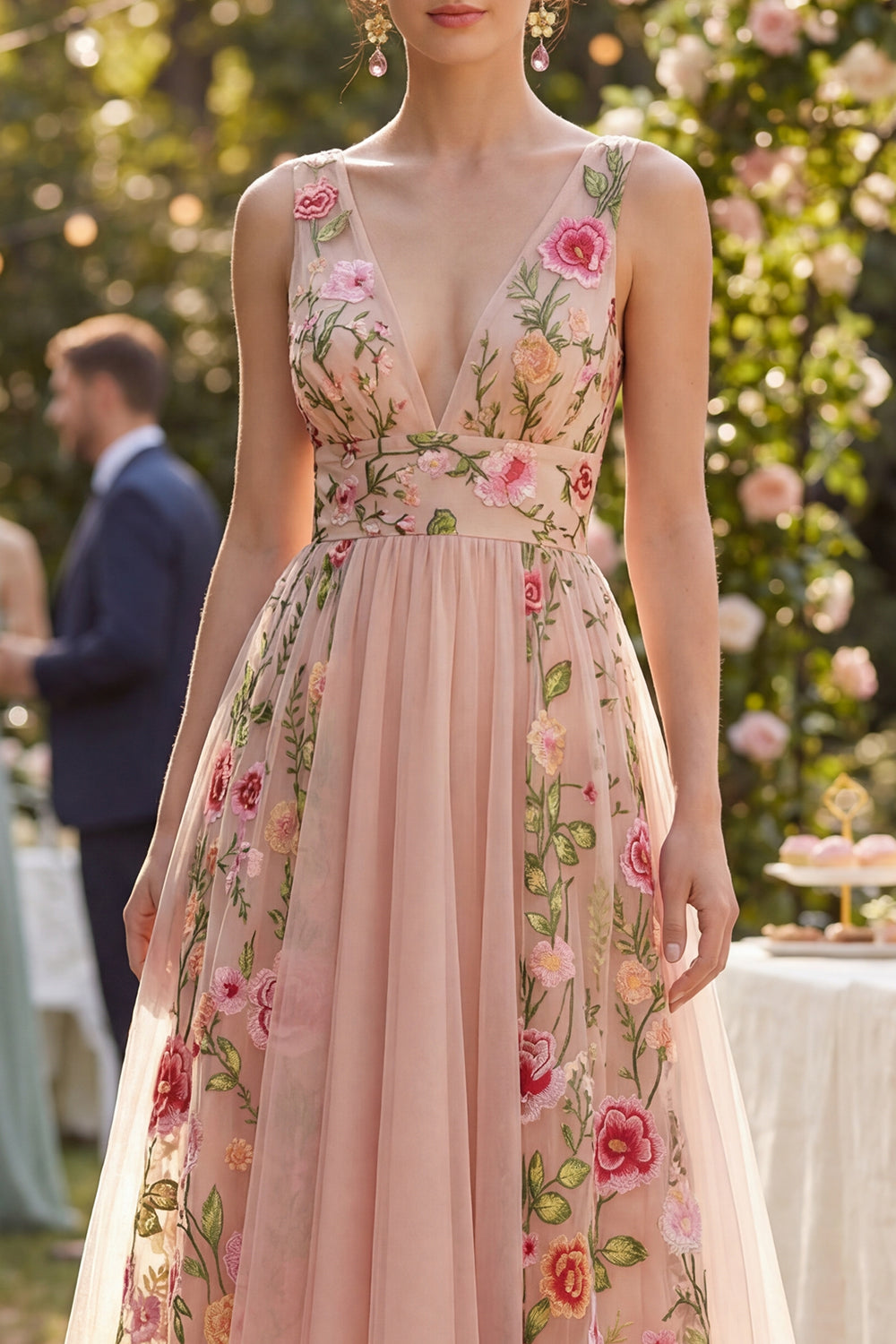 High Low Blush Floral Embroidered A Line Wedding Guest Dress