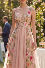 High Low Blush Floral Embroidered A Line Wedding Guest Dress