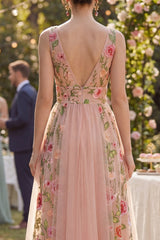 High Low Blush Floral Embroidered A Line Wedding Guest Dress
