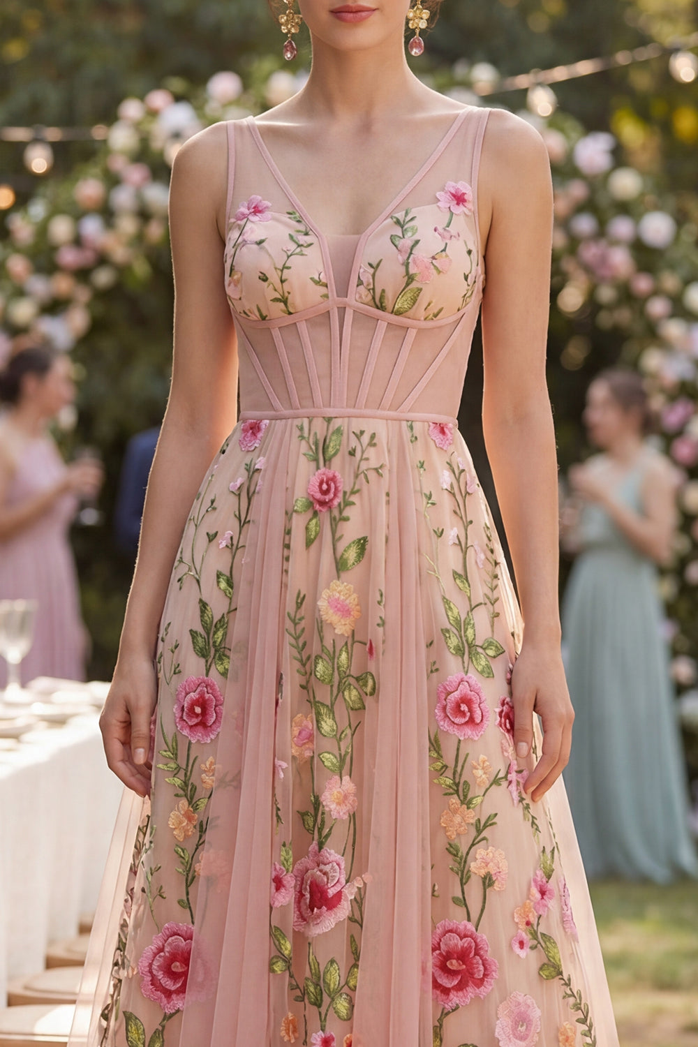 A Line Corset Blush Floral Embroidered Midi Wedding Guest Dress