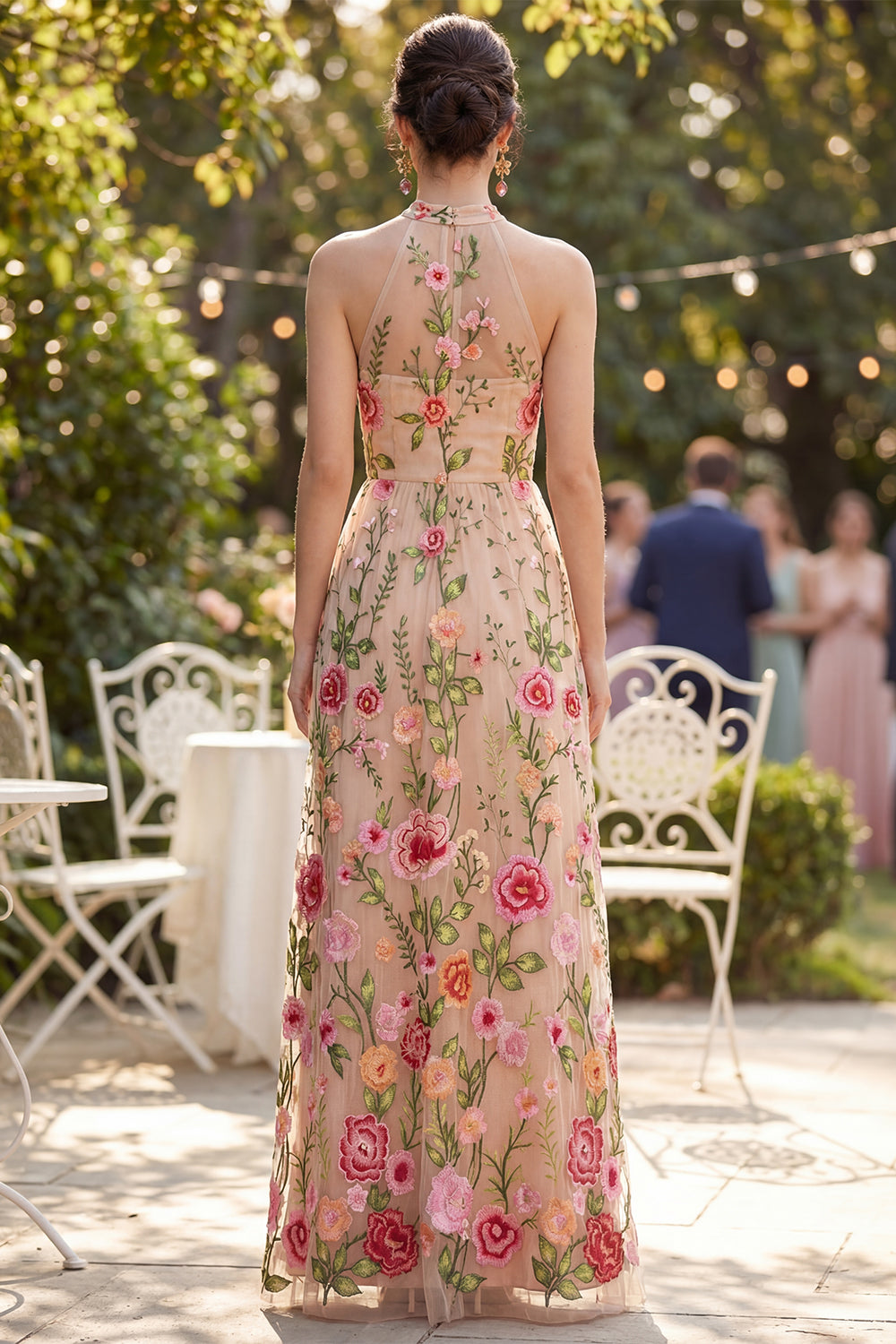 Floral Halter Blush Embroidered Maxi Wedding Guest Dress