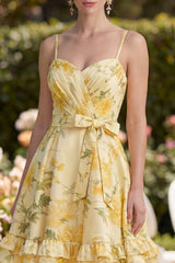 A Line Printed Yellow Ruched Ruffled Wedding Guest Dress with Bow