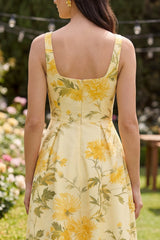 A Line Printed Yellow Midi Wedding Guest Dress