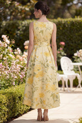 A Line Printed Yellow Bowed V Neck Wedding Guest Dress