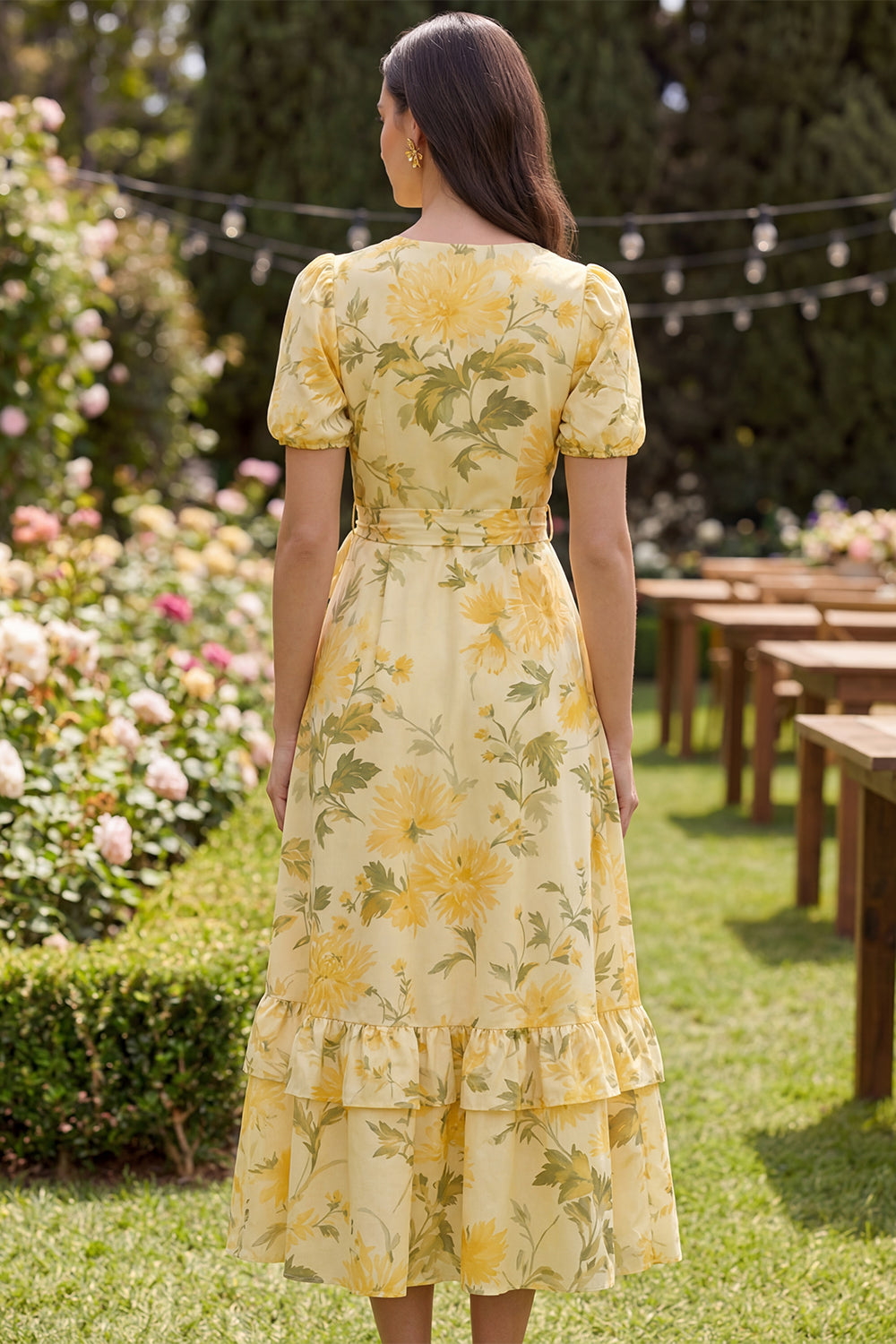 Yellow Printed A Line Bowed Wedding Guest Dress with Ruffles
