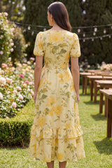 Yellow Printed A Line Bowed Wedding Guest Dress with Ruffles
