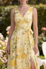 Yellow A Line Printed Bowed Wedding Guest Dress with Slit